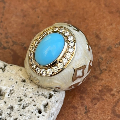 18K Yellow Gold-Plated Brass Oval Turquoise + Round CZ Beige Marbled Enamel Ring