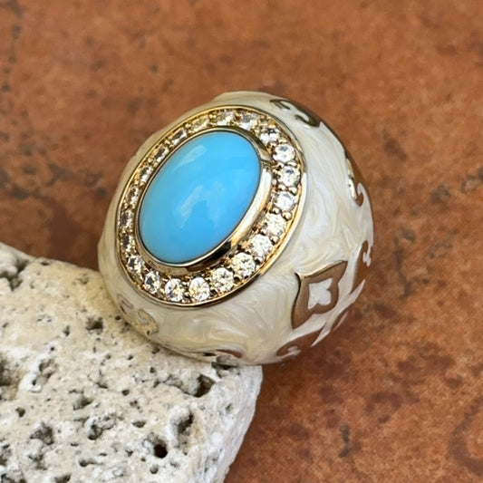 18K Yellow Gold-Plated Brass Oval Turquoise + Round CZ Beige Marbled Enamel Ring