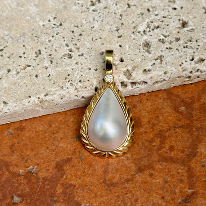 Estate 14KT Yellow Gold Pear Mabe Blister Pearl + Diamond Omega Enhancer Pendant