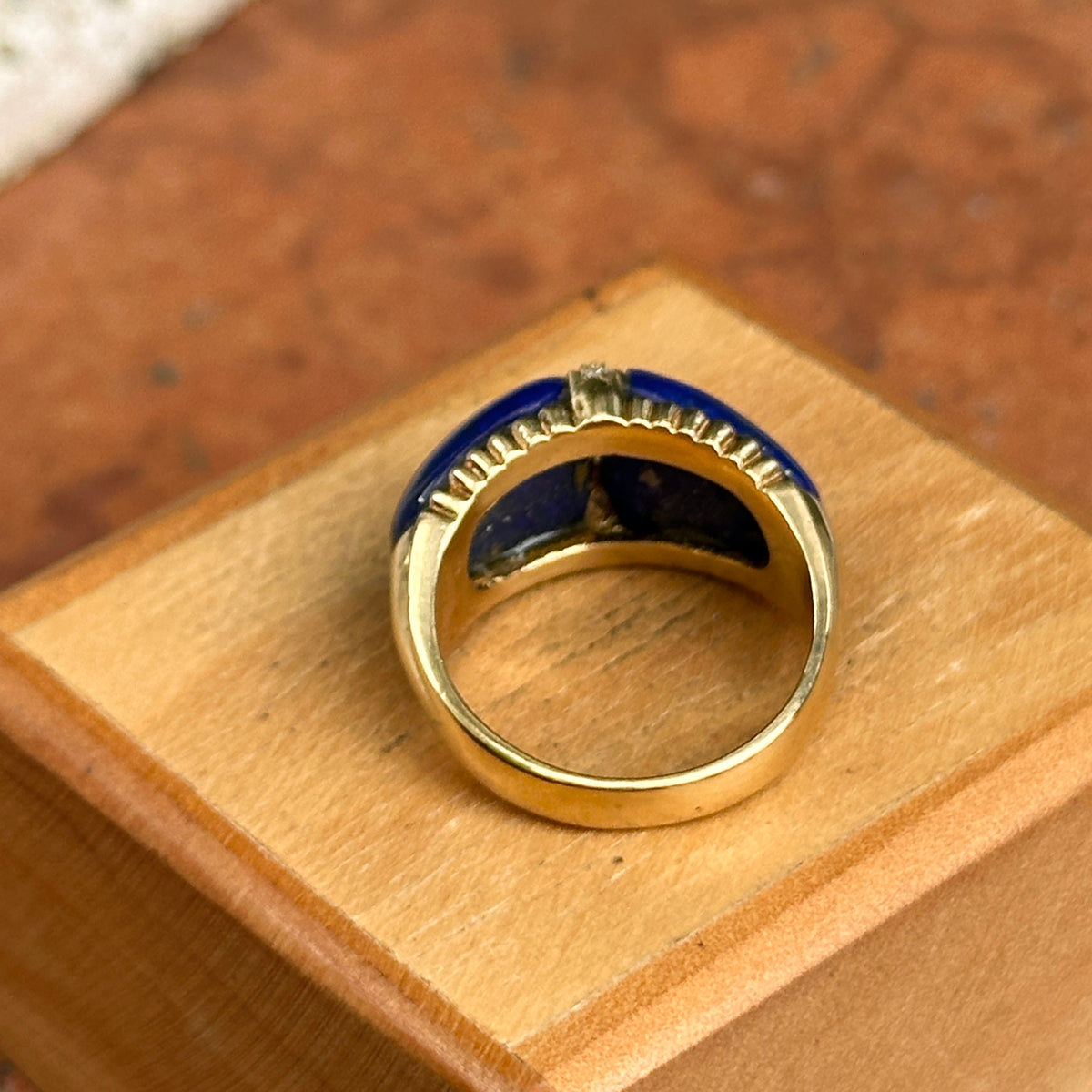 Estate 18KT Yellow Gold Lapis + Diamond Domed Ring
