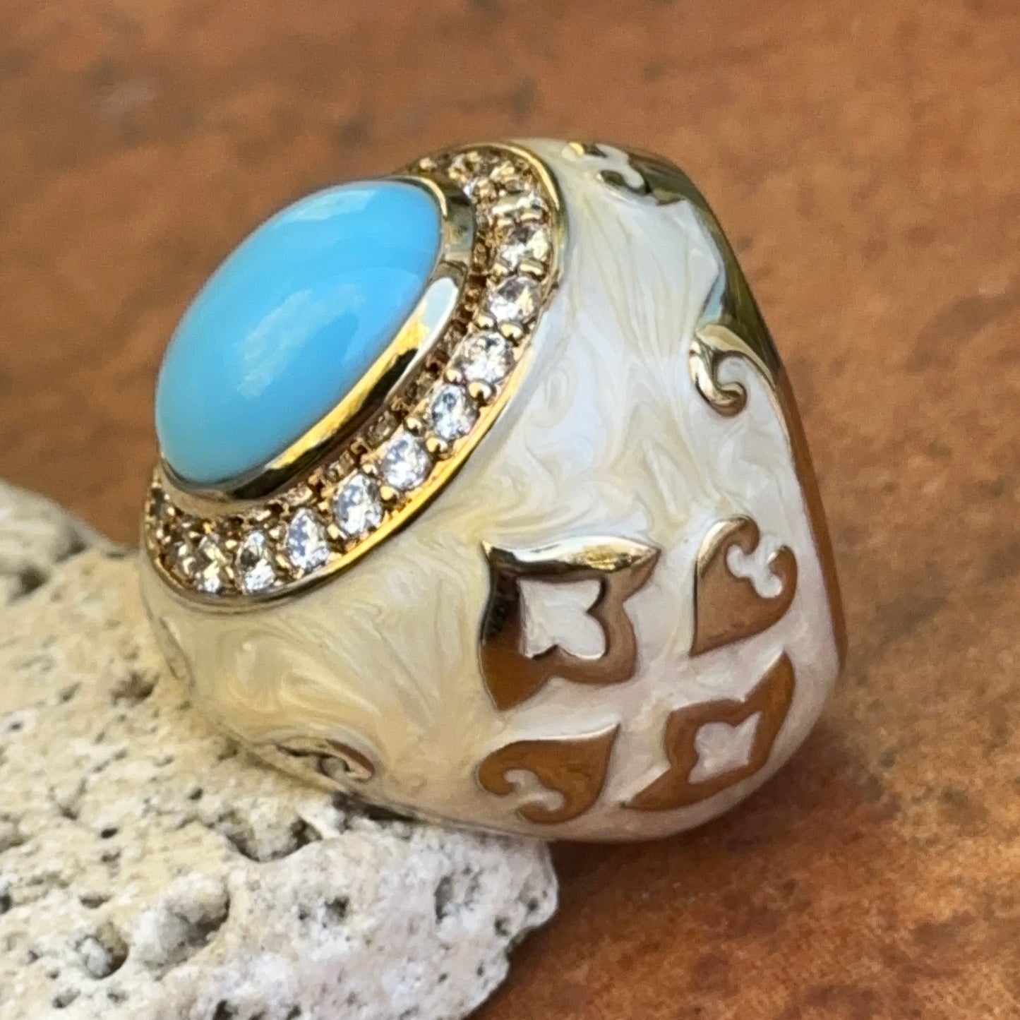 18K Yellow Gold-Plated Brass Oval Turquoise + Round CZ Beige Marbled Enamel Ring