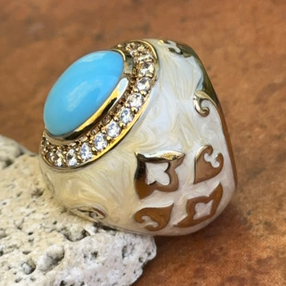 18K Yellow Gold-Plated Brass Oval Turquoise + Round CZ Beige Marbled Enamel Ring