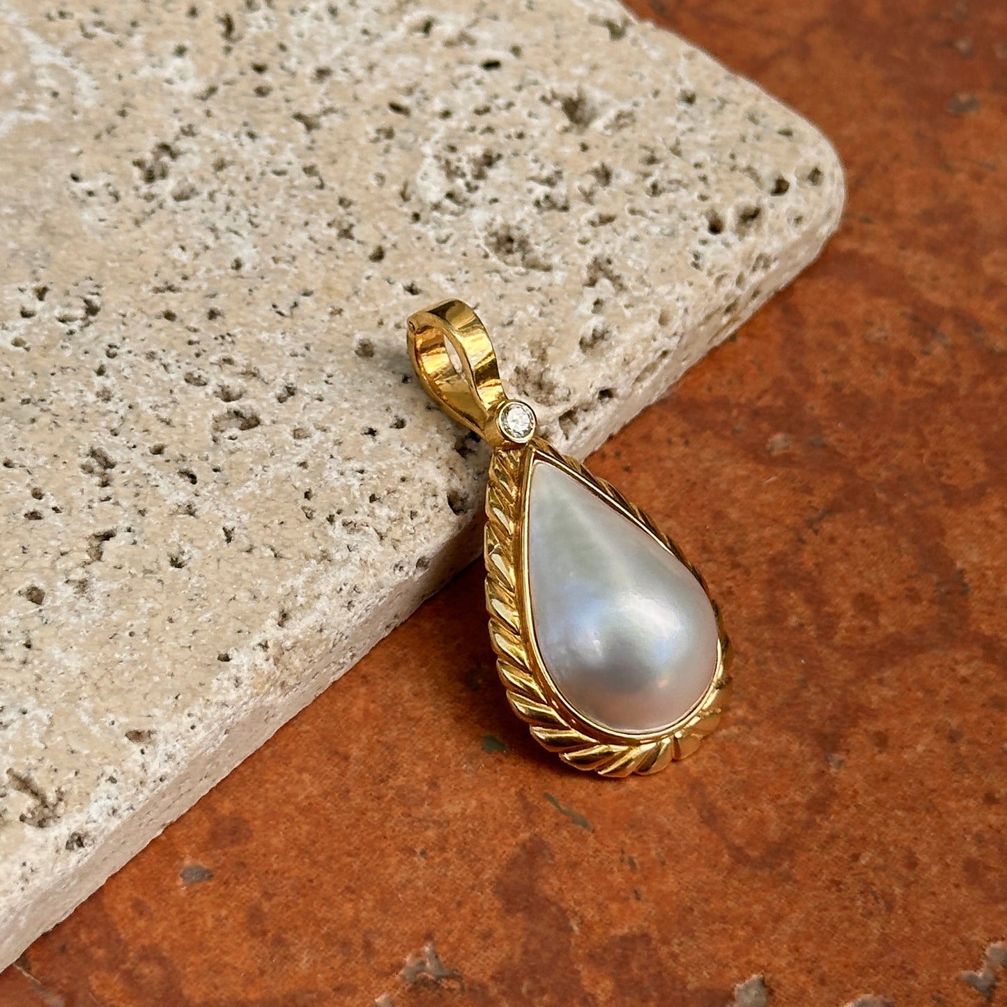 Estate 14KT Yellow Gold Pear Mabe Blister Pearl + Diamond Omega Enhancer Pendant