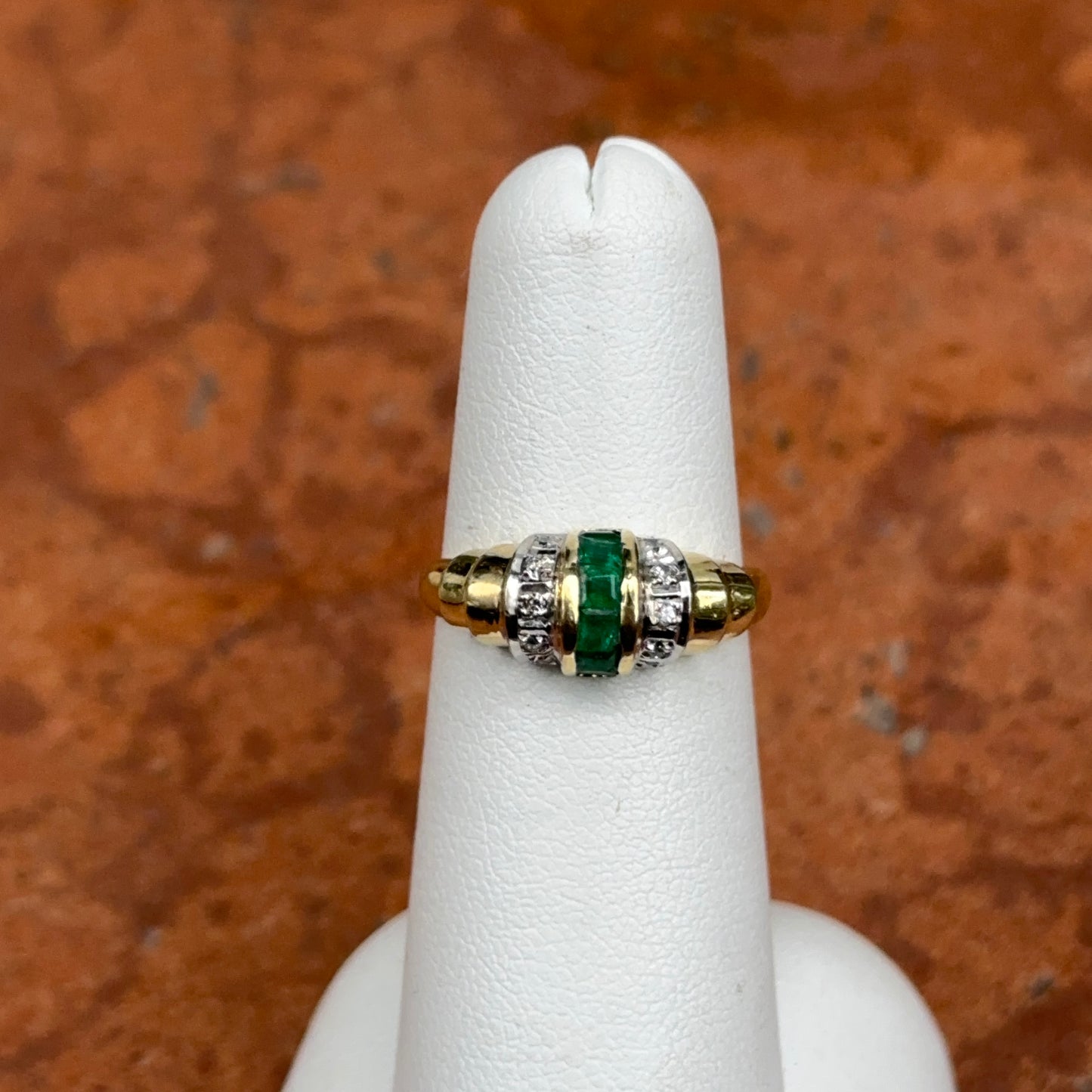 Estate 14KT Yellow Gold Channel Set Emerald + Diamond Ring