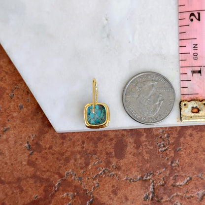 Yellow Gold-Plated Square Mosaic Turquoise Bezel Drop Wire Earrings