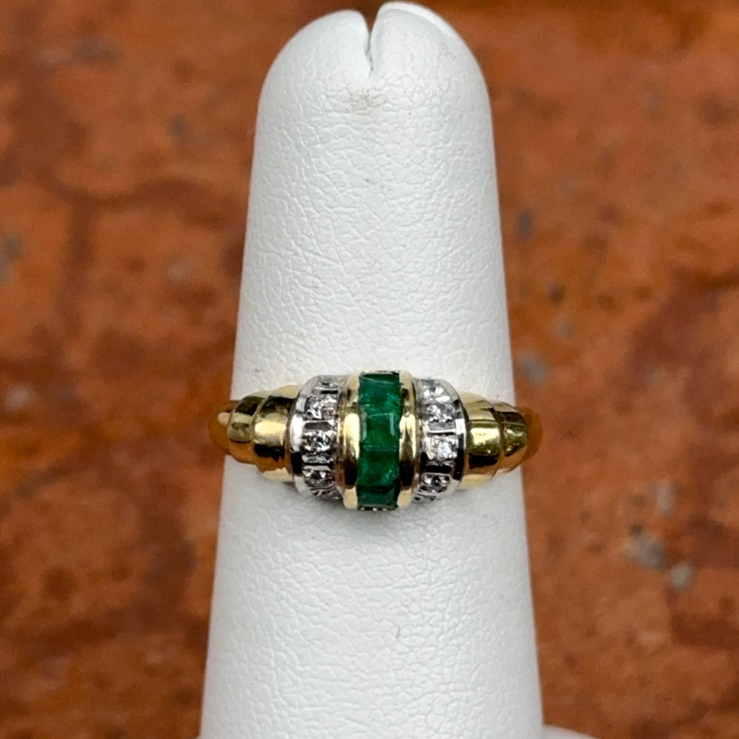 Estate 14KT Yellow Gold Channel Set Emerald + Diamond Ring