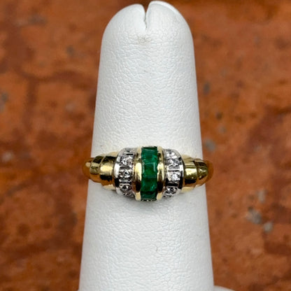 Estate 14KT Yellow Gold Channel Set Emerald + Diamond Ring