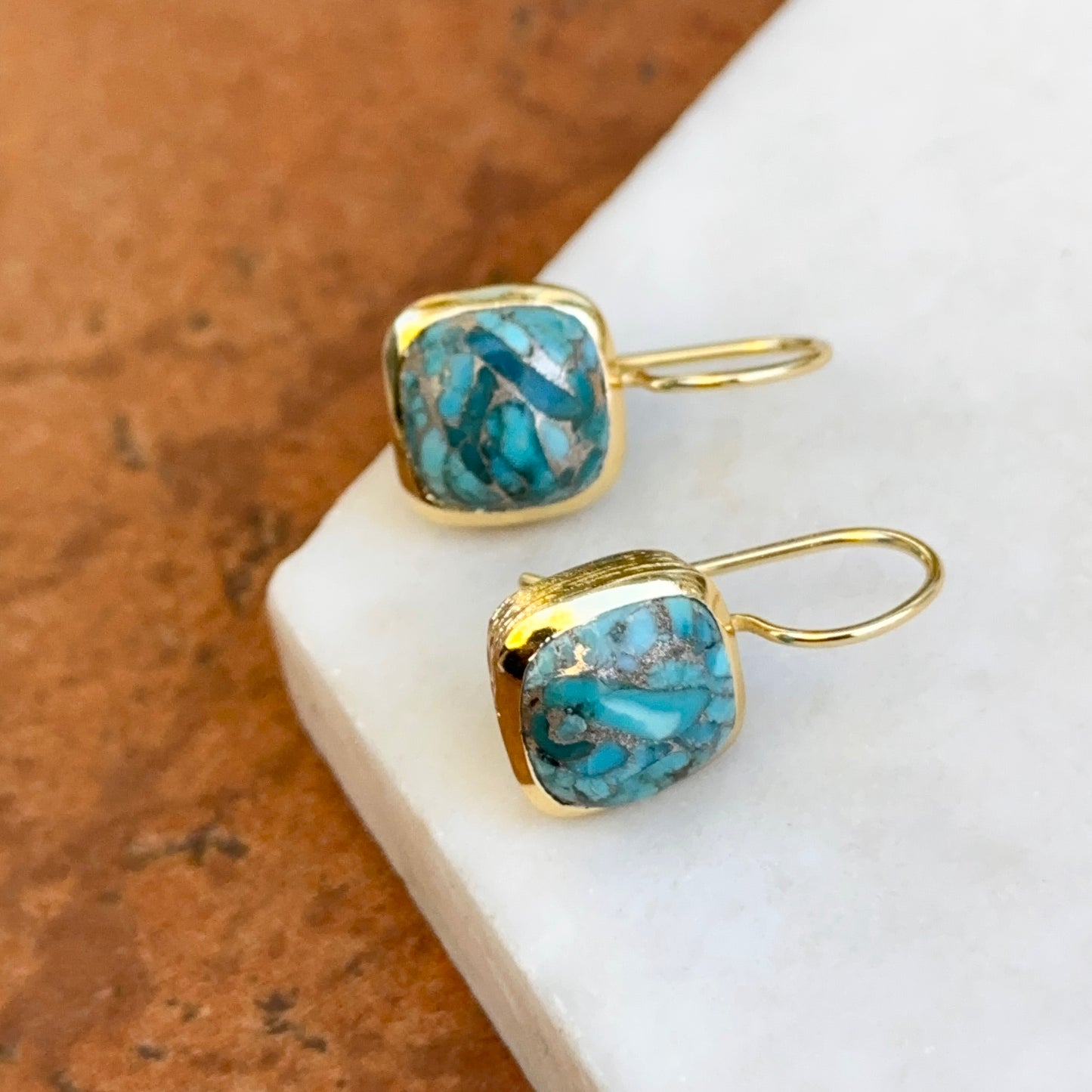 Yellow Gold-Plated Square Mosaic Turquoise Bezel Drop Wire Earrings