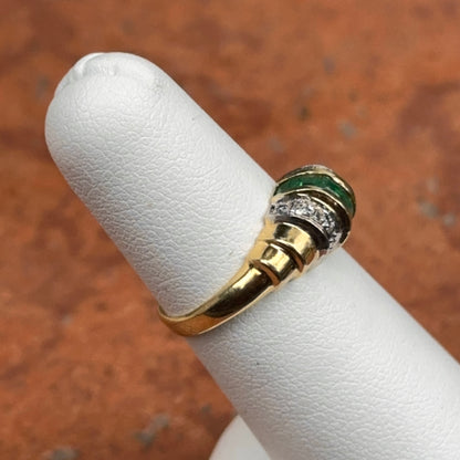 Estate 14KT Yellow Gold Channel Set Emerald + Diamond Ring