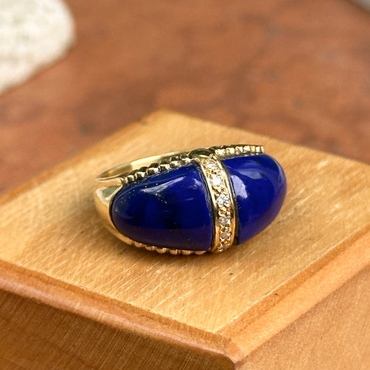 Estate 18KT Yellow Gold Lapis + Diamond Domed Ring