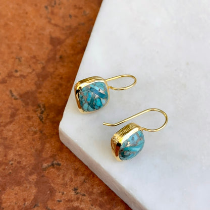 Yellow Gold-Plated Square Mosaic Turquoise Bezel Drop Wire Earrings