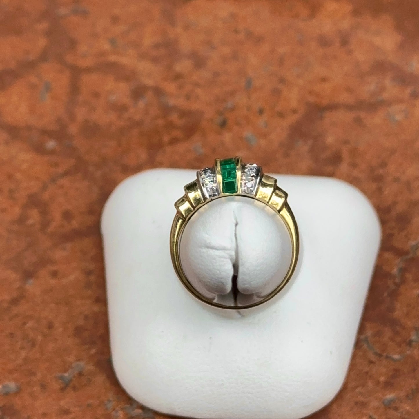 Estate 14KT Yellow Gold Channel Set Emerald + Diamond Ring