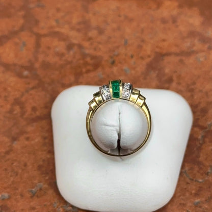 Estate 14KT Yellow Gold Channel Set Emerald + Diamond Ring
