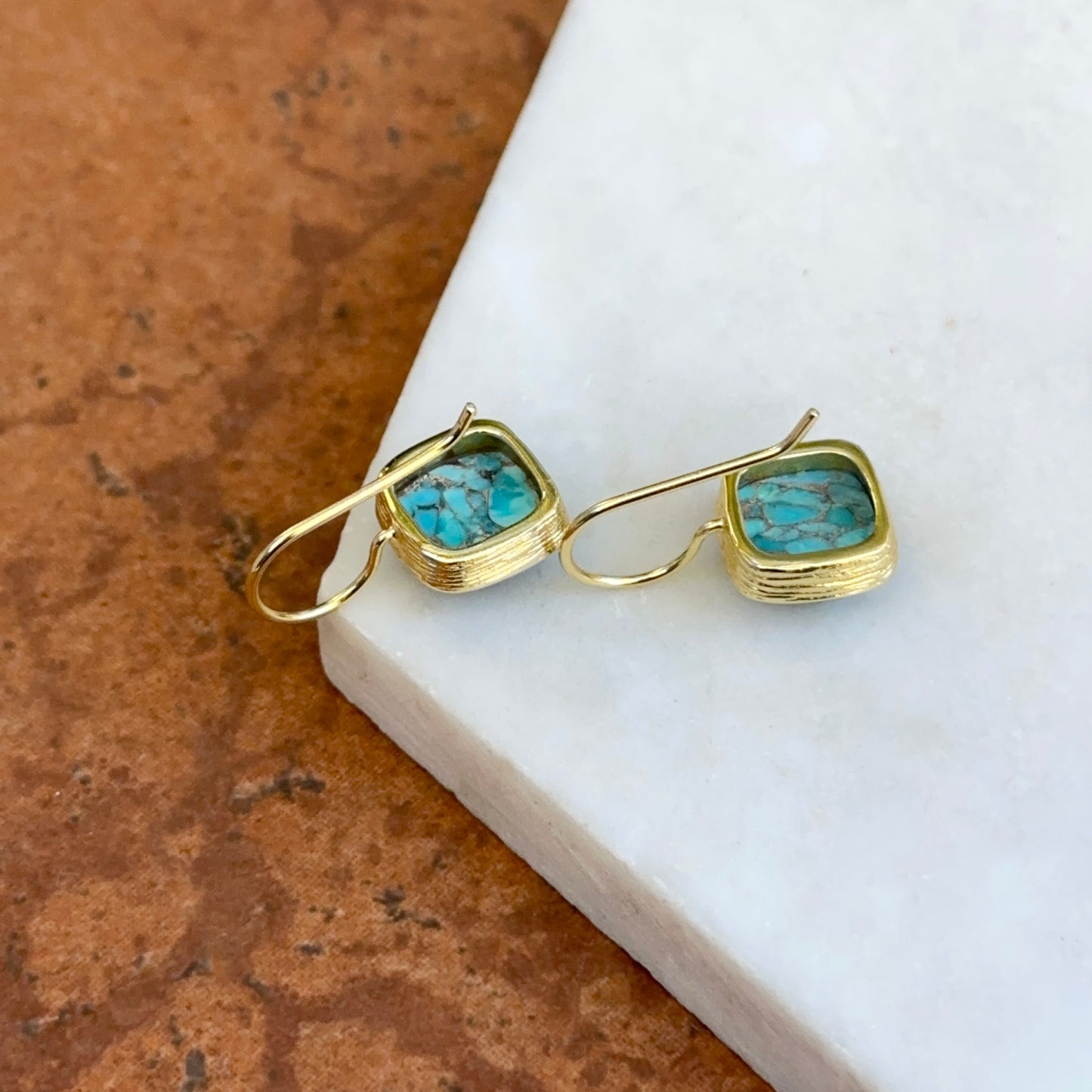 Yellow Gold-Plated Square Mosaic Turquoise Bezel Drop Wire Earrings