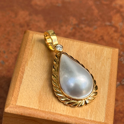 Estate 14KT Yellow Gold Pear Mabe Blister Pearl + Diamond Omega Enhancer Pendant