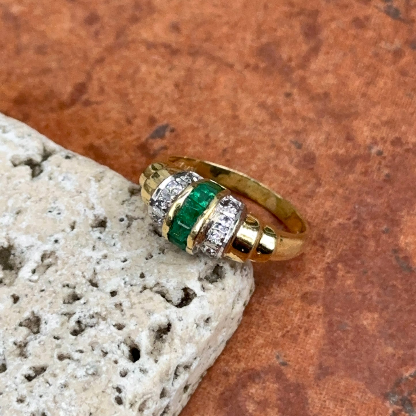 Estate 14KT Yellow Gold Channel Set Emerald + Diamond Ring