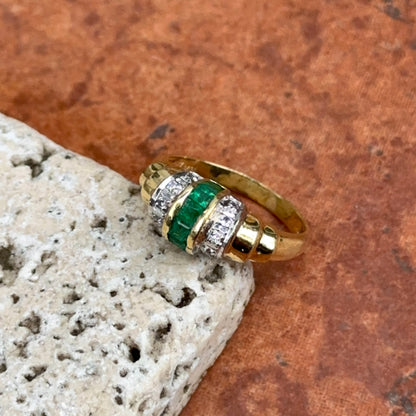 Estate 14KT Yellow Gold Channel Set Emerald + Diamond Ring