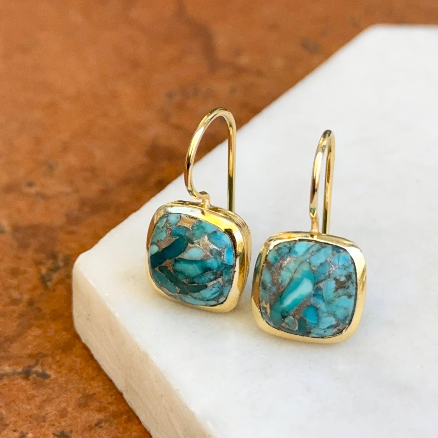 Yellow Gold-Plated Square Mosaic Turquoise Bezel Drop Wire Earrings
