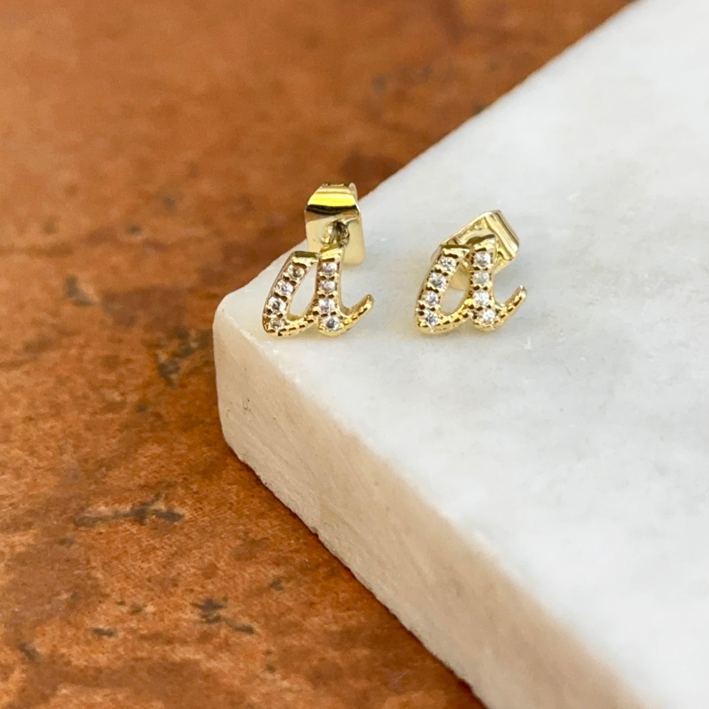 Yellow Gold-Plated Lower Case "a" Round Cubic Zirconia Stud Earrings SMALL