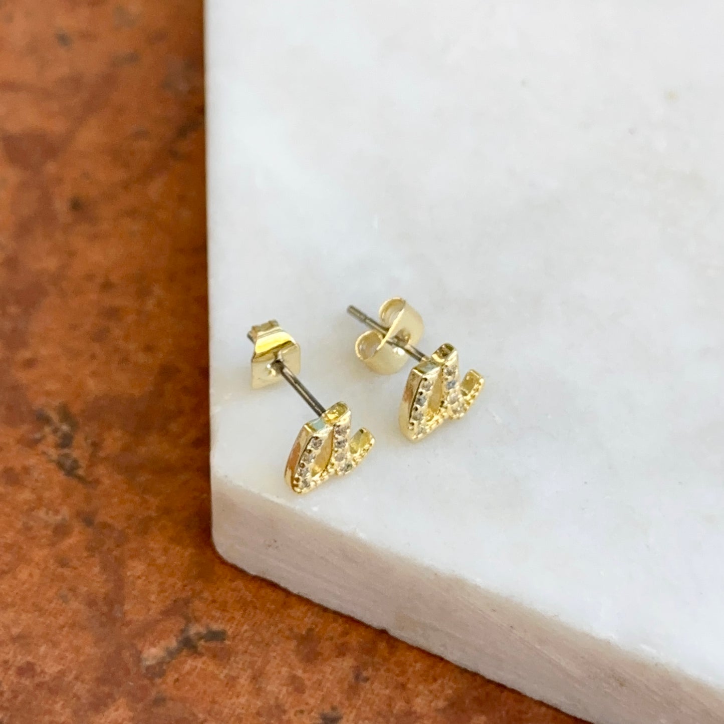 Yellow Gold-Plated Lower Case "a" Round Cubic Zirconia Stud Earrings SMALL