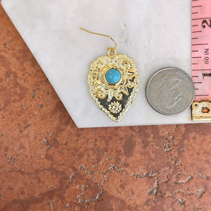 Yellow Gold-Filled Round Cabochon Turquoise Engraved Leaf Ear Wire Earrings