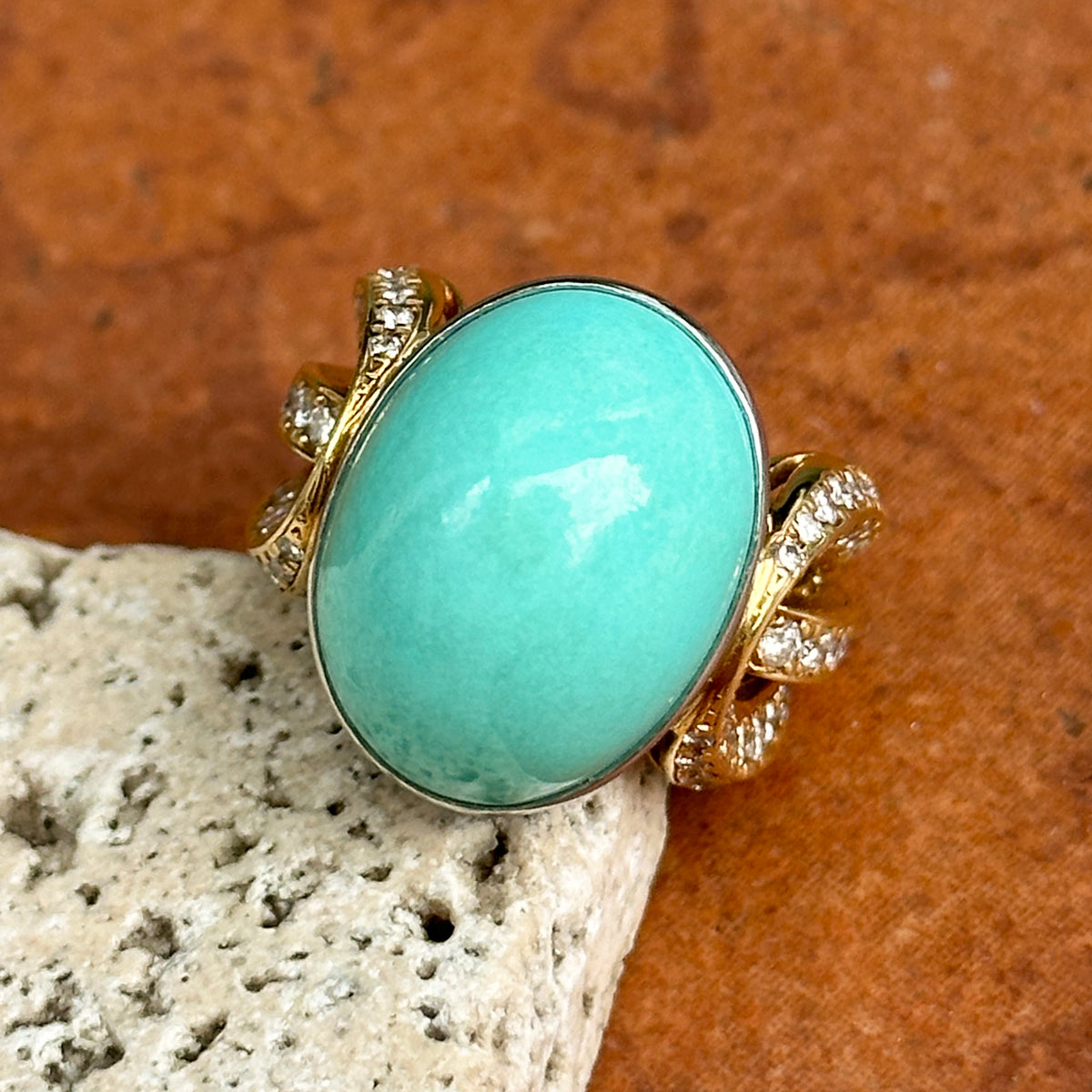 Estate 18KT Yellow Gold Oval 21 CT Turquoise + Diamond Ring