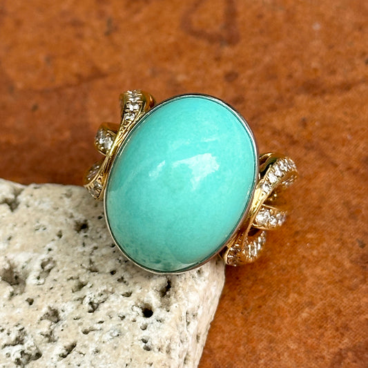 Estate 18KT Yellow Gold Oval 21 CT Turquoise + Diamond Ring