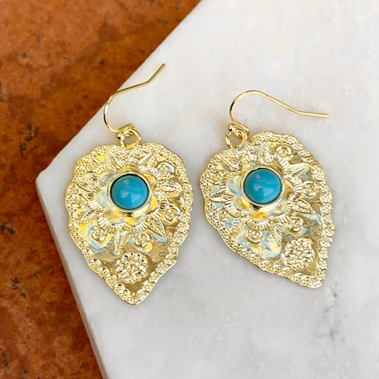 Yellow Gold-Filled Round Cabochon Turquoise Engraved Leaf Ear Wire Earrings