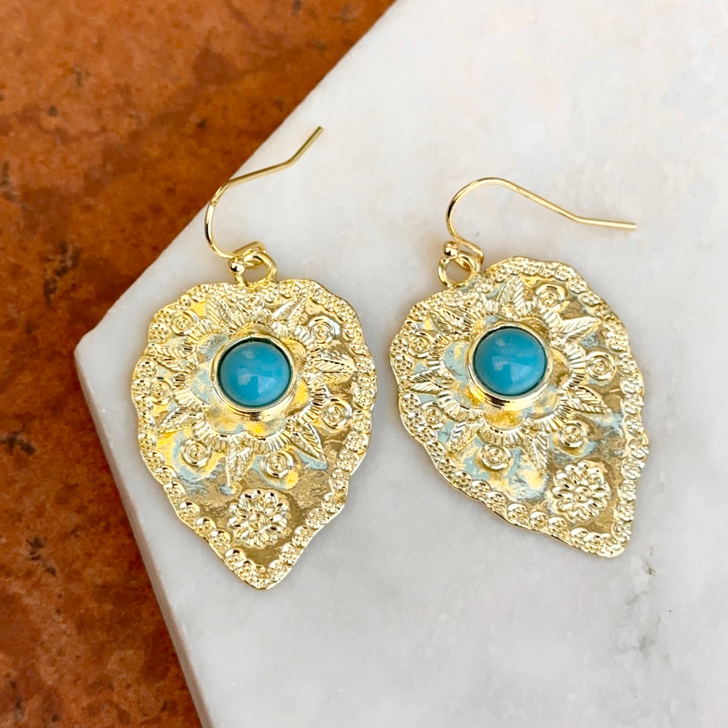 Yellow Gold-Filled Round Cabochon Turquoise Engraved Leaf Ear Wire Earrings
