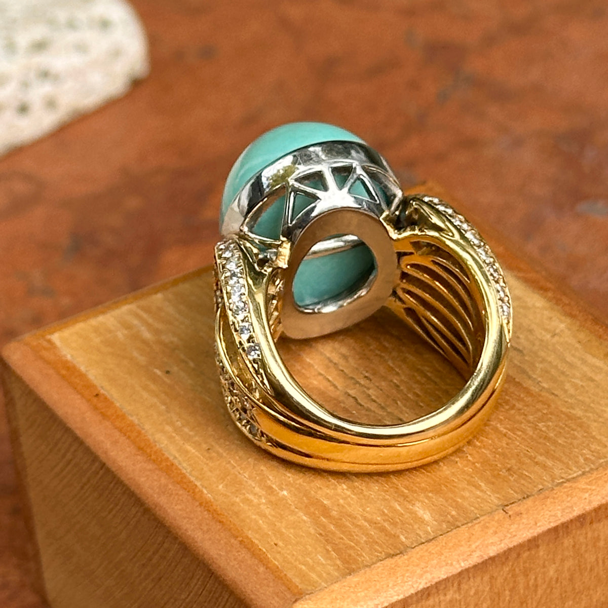 Estate 18KT Yellow Gold Oval 21 CT Turquoise + Diamond Ring