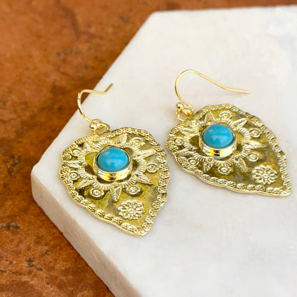 Yellow Gold-Filled Round Cabochon Turquoise Engraved Leaf Ear Wire Earrings