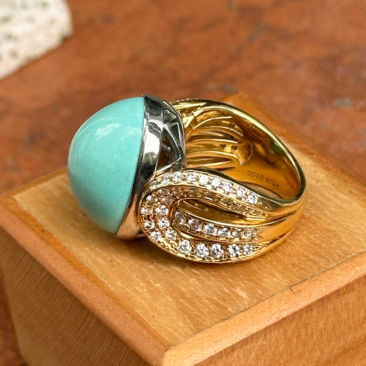 Estate 18KT Yellow Gold Oval 21 CT Turquoise + Diamond Ring