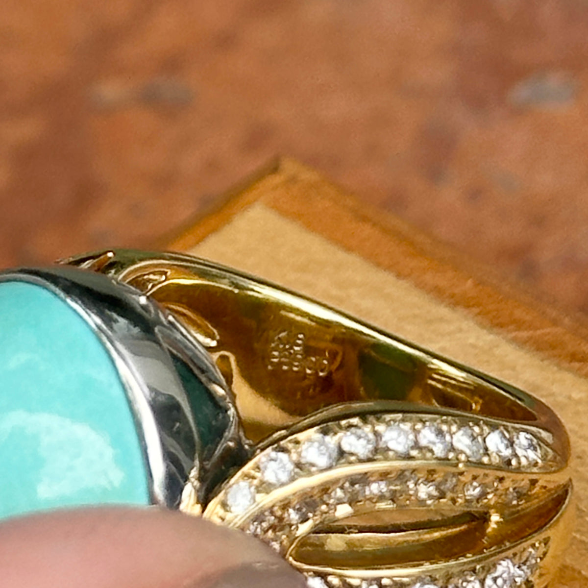 Estate 18KT Yellow Gold Oval 21 CT Turquoise + Diamond Ring