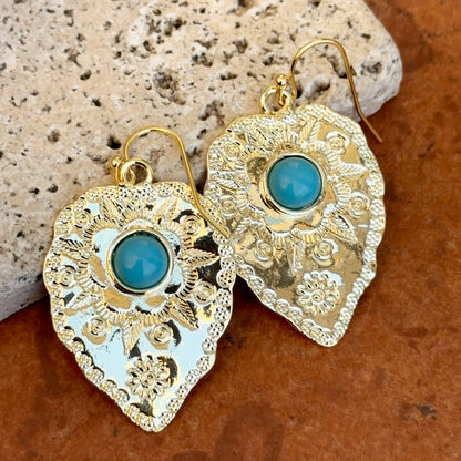 Yellow Gold-Filled Round Cabochon Turquoise Engraved Leaf Ear Wire Earrings