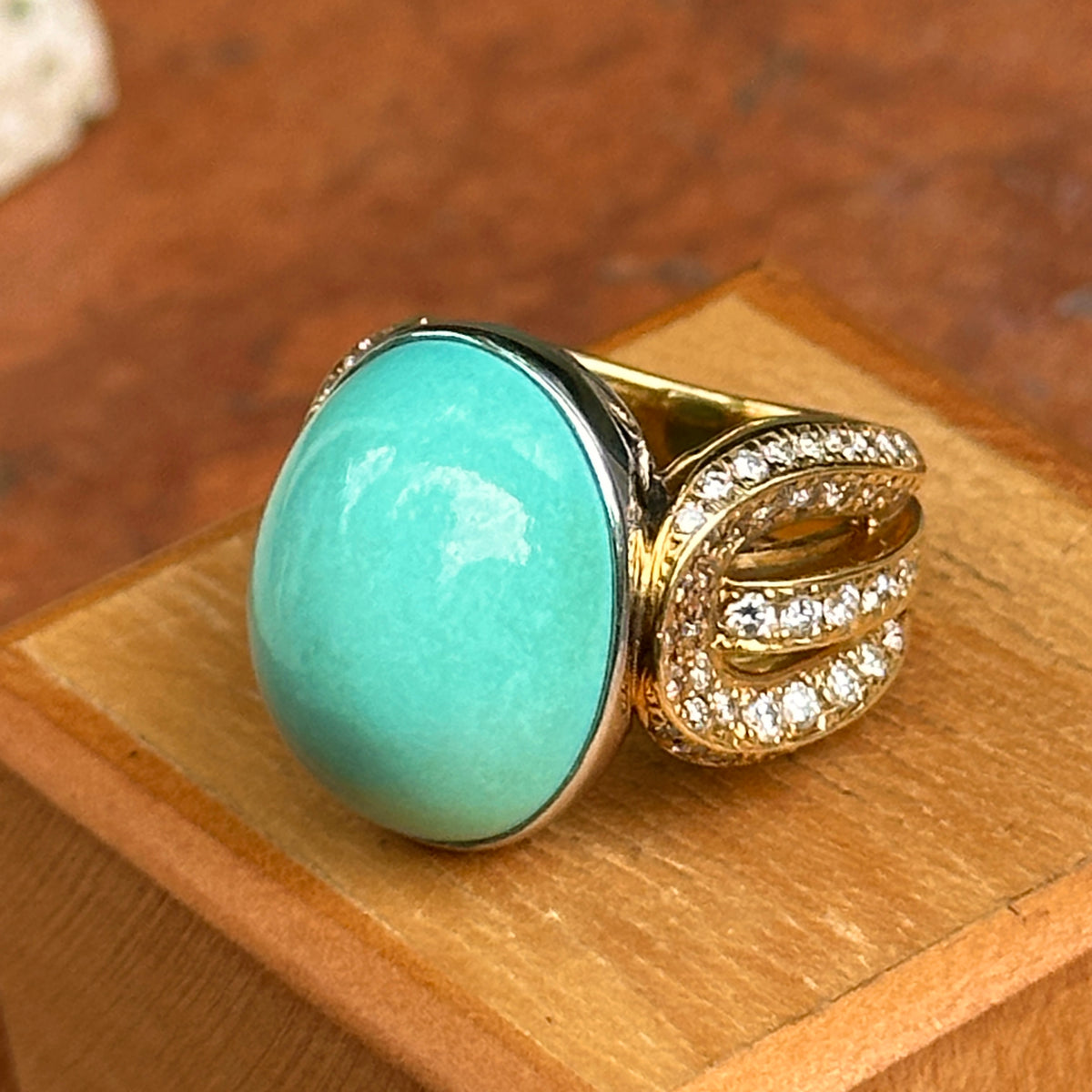 Estate 18KT Yellow Gold Oval 21 CT Turquoise + Diamond Ring