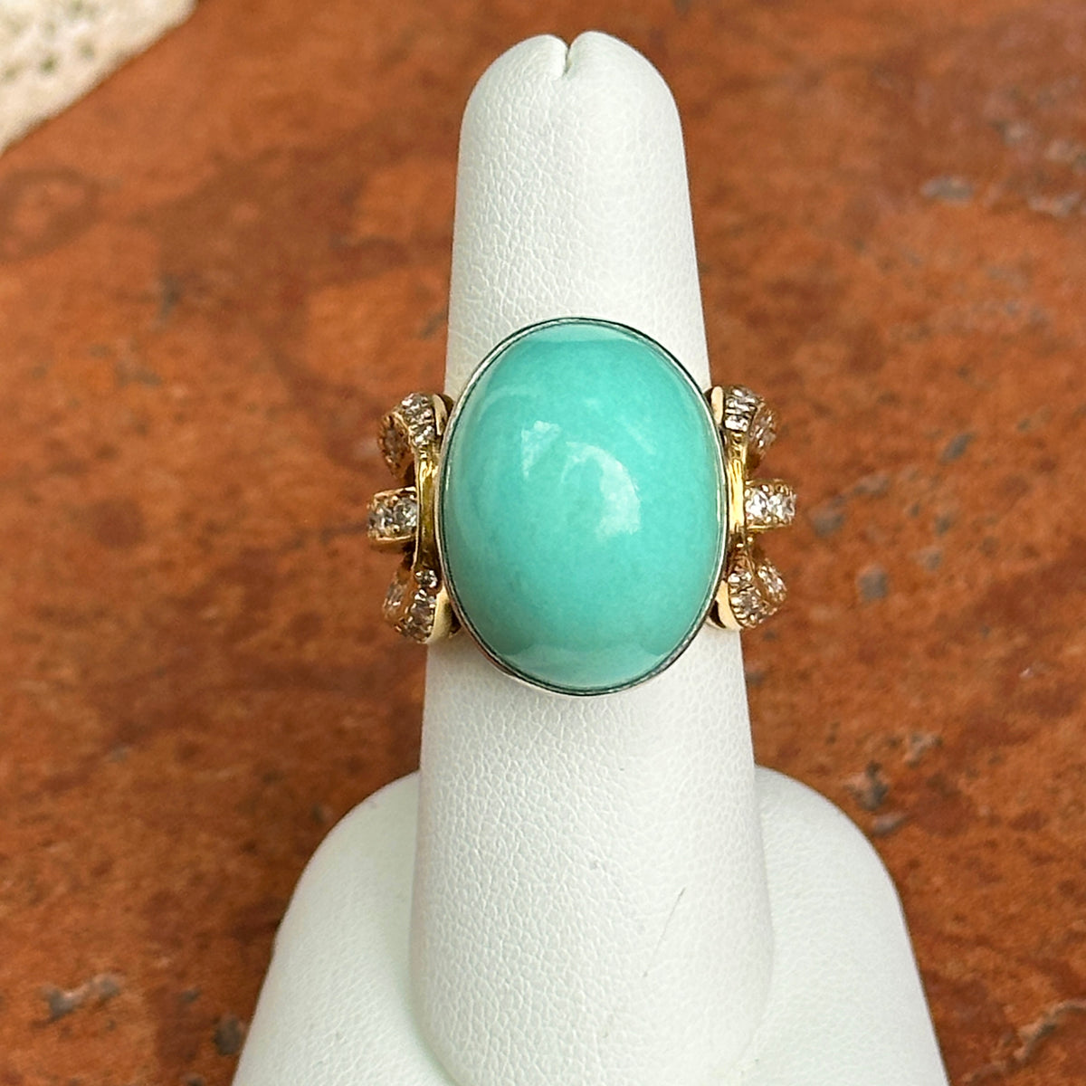 Estate 18KT Yellow Gold Oval 21 CT Turquoise + Diamond Ring