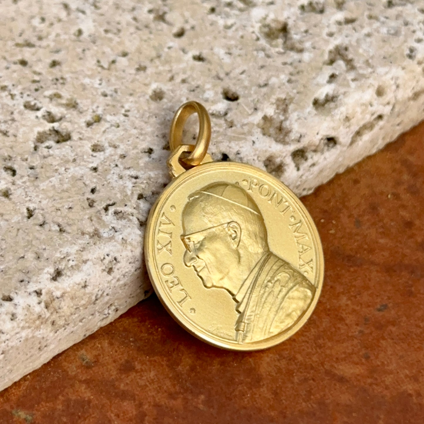 14KT Yellow Gold Matte Pope Leo XIV Round Medal Pendant 21mm - LSJ