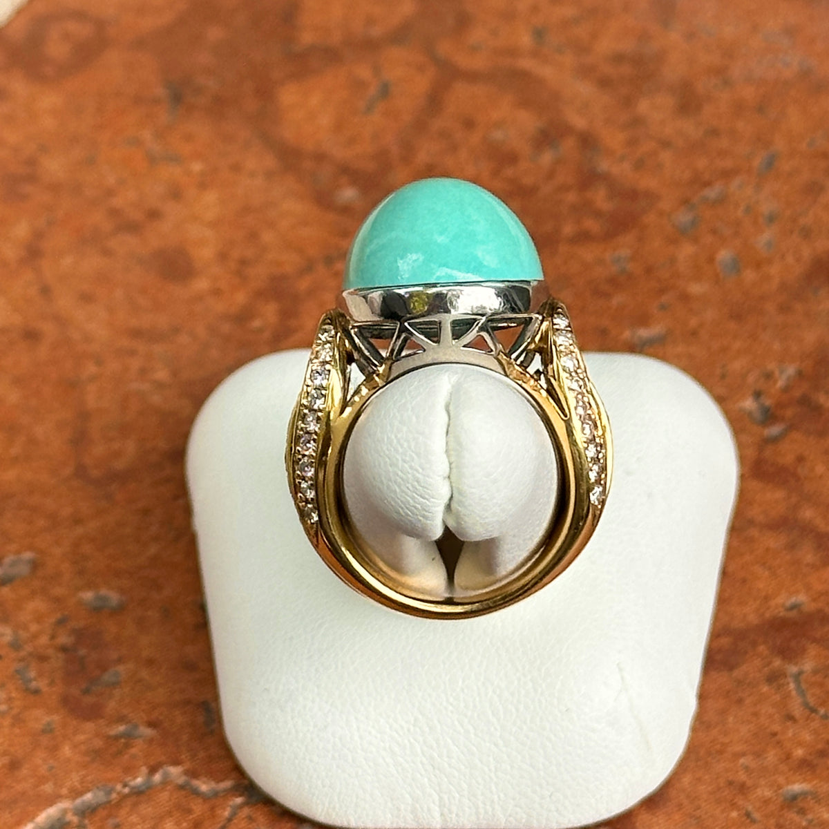 Estate 18KT Yellow Gold Oval 21 CT Turquoise + Diamond Ring