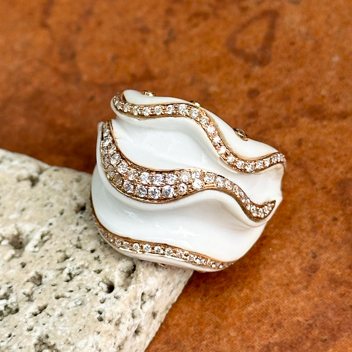 18KT Rose Gold White Ceramic + Diamond Abstract Ring