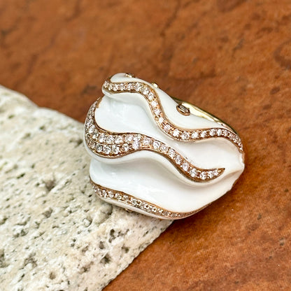 18KT Rose Gold White Ceramic + Diamond Abstract Ring