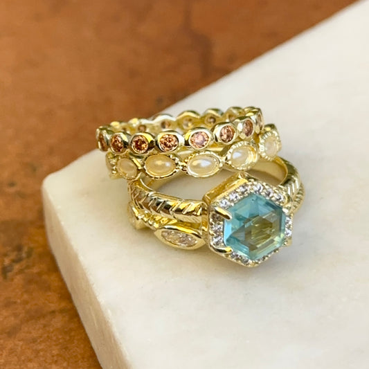Yellow Gold-Plated Blue Topaz, Brown & White CZ, Seed Pearl Bead Stackable Ring Set