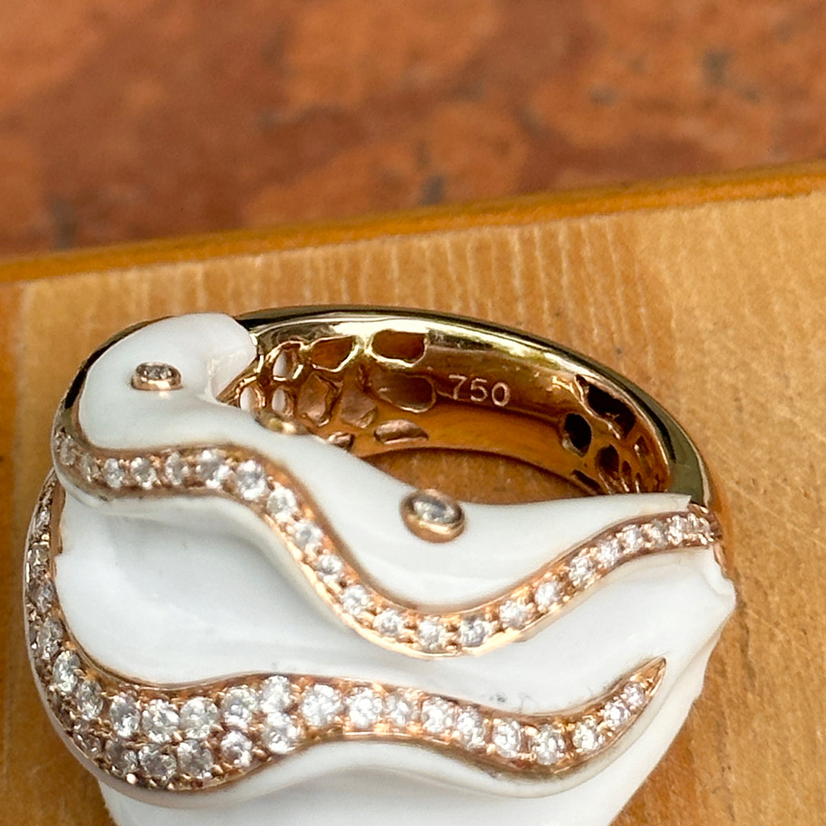 18KT Rose Gold White Ceramic + Diamond Abstract Ring