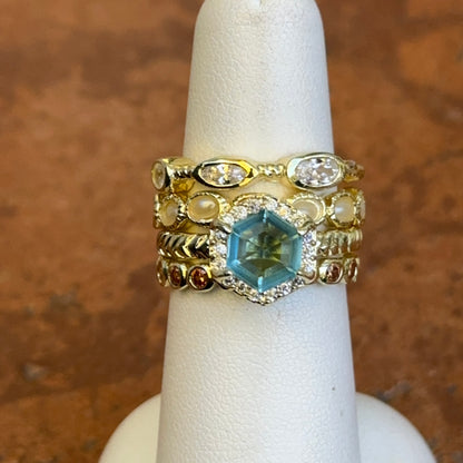 Yellow Gold-Plated Blue Topaz, Brown & White CZ, Seed Pearl Bead Stackable Ring Set