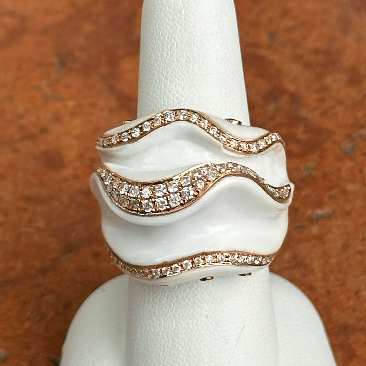 18KT Rose Gold White Ceramic + Diamond Abstract Ring