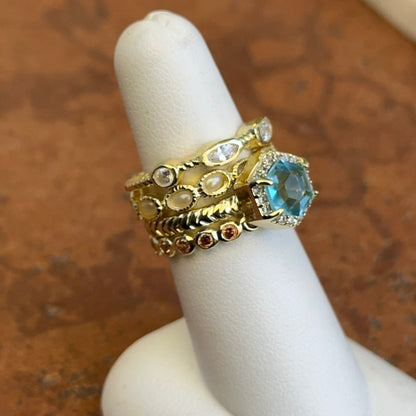 Yellow Gold-Plated Blue Topaz, Brown & White CZ, Seed Pearl Bead Stackable Ring Set