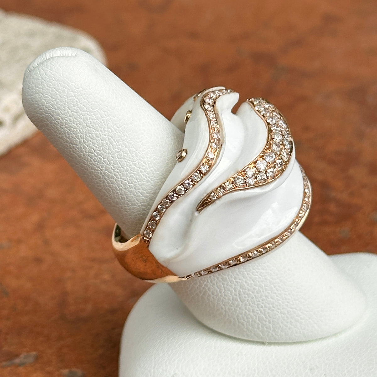 18KT Rose Gold White Ceramic + Diamond Abstract Ring