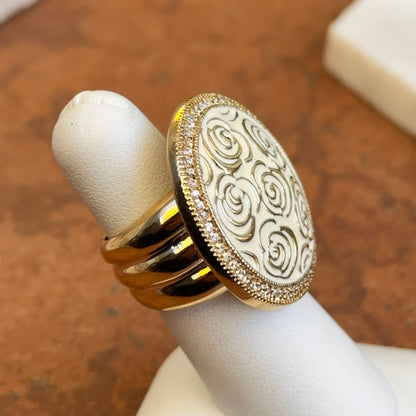 18K Yellow Gold-Plated Brass Round Cubic Zirconia White Enamel Rose Ring 6