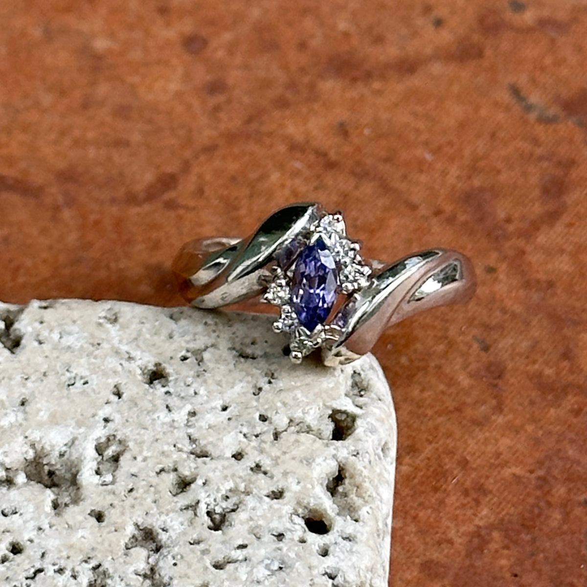 Estate 14KT White Gold Marquise Tanzanite + Diamond Bypass Ring