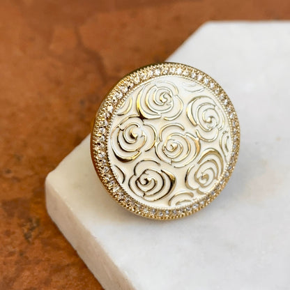 18K Yellow Gold-Plated Brass Round Cubic Zirconia White Enamel Rose Ring 6