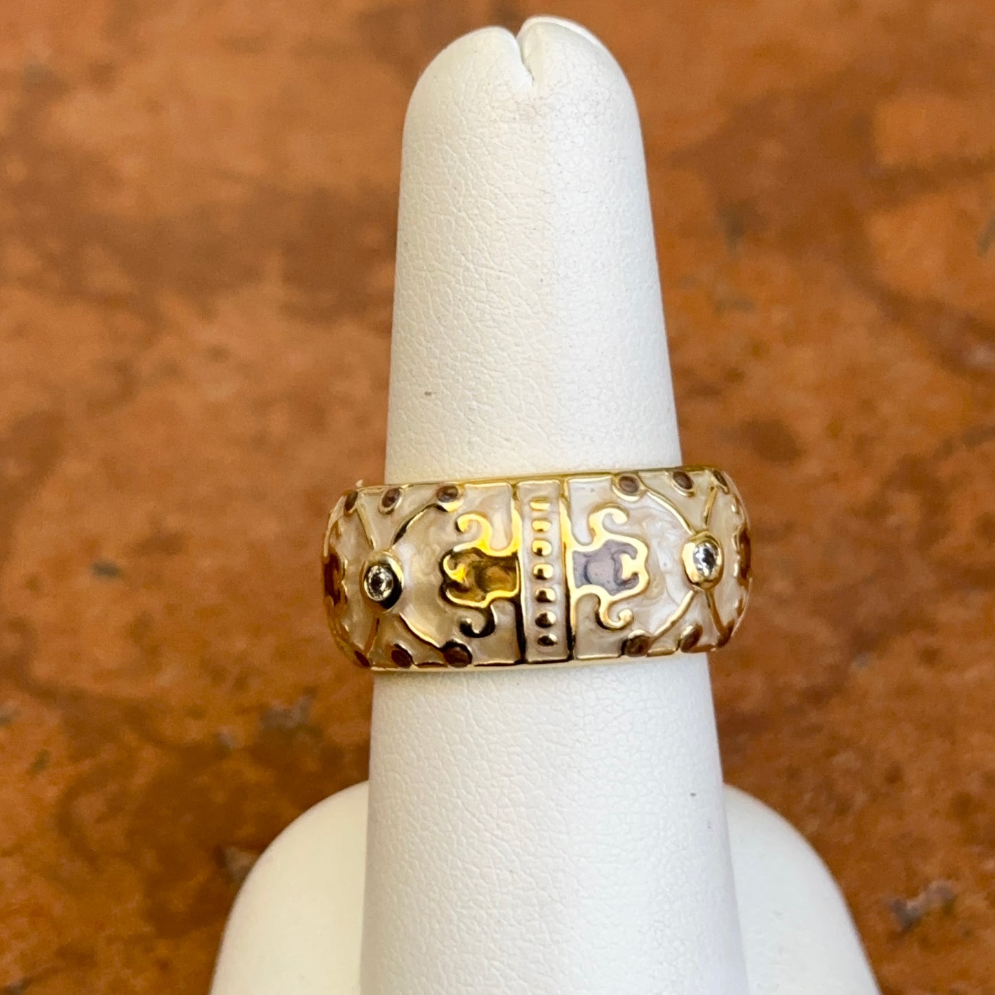 18K Yellow Gold-Plated Brass Round CZ + Cream Enamel Horse Ring